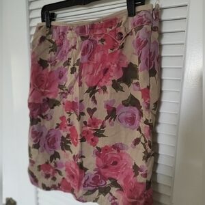 Odille Anthropologie Rose Floral 97% Cotton Skirt Side Zip Tan Pink Size 10